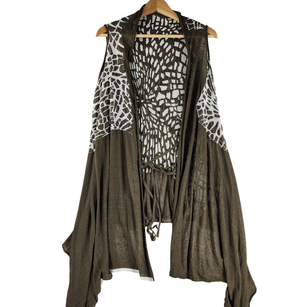 Sarah Pacini Vest Womens OS Olive Green Abstract Knit Draped Open Front